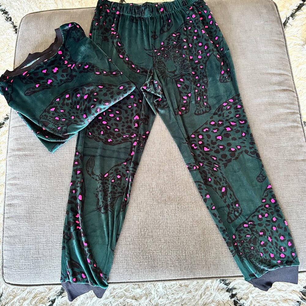 Simply Vera Green Cheetah Velour Jogger Set